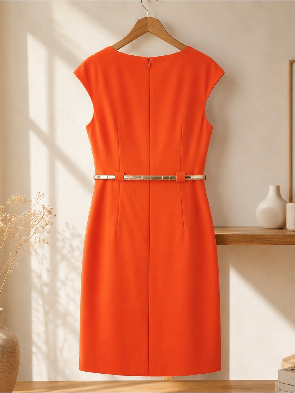 Calvin Klein Vibrant Orange Cap-Sleeve Sheath Dress with Gold Waist Belt - Picture 4 of 6